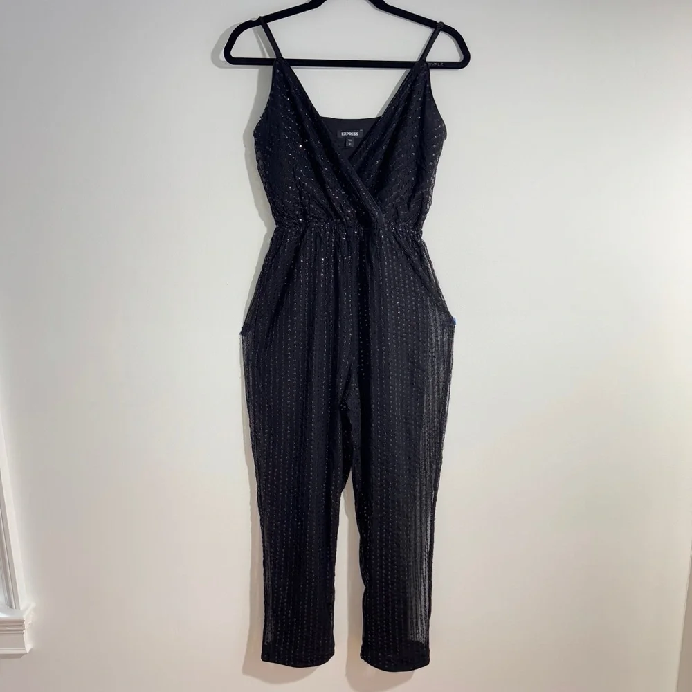 Express Black Sequin Surplice V-Neck Adjustable Strap Jumpsuit Size Small‎